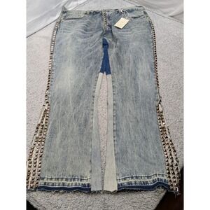 MNML B572 Studded Flare Denim Jeans Mens 42x37 Blue Acid Wash Rockstar Y2K NWT